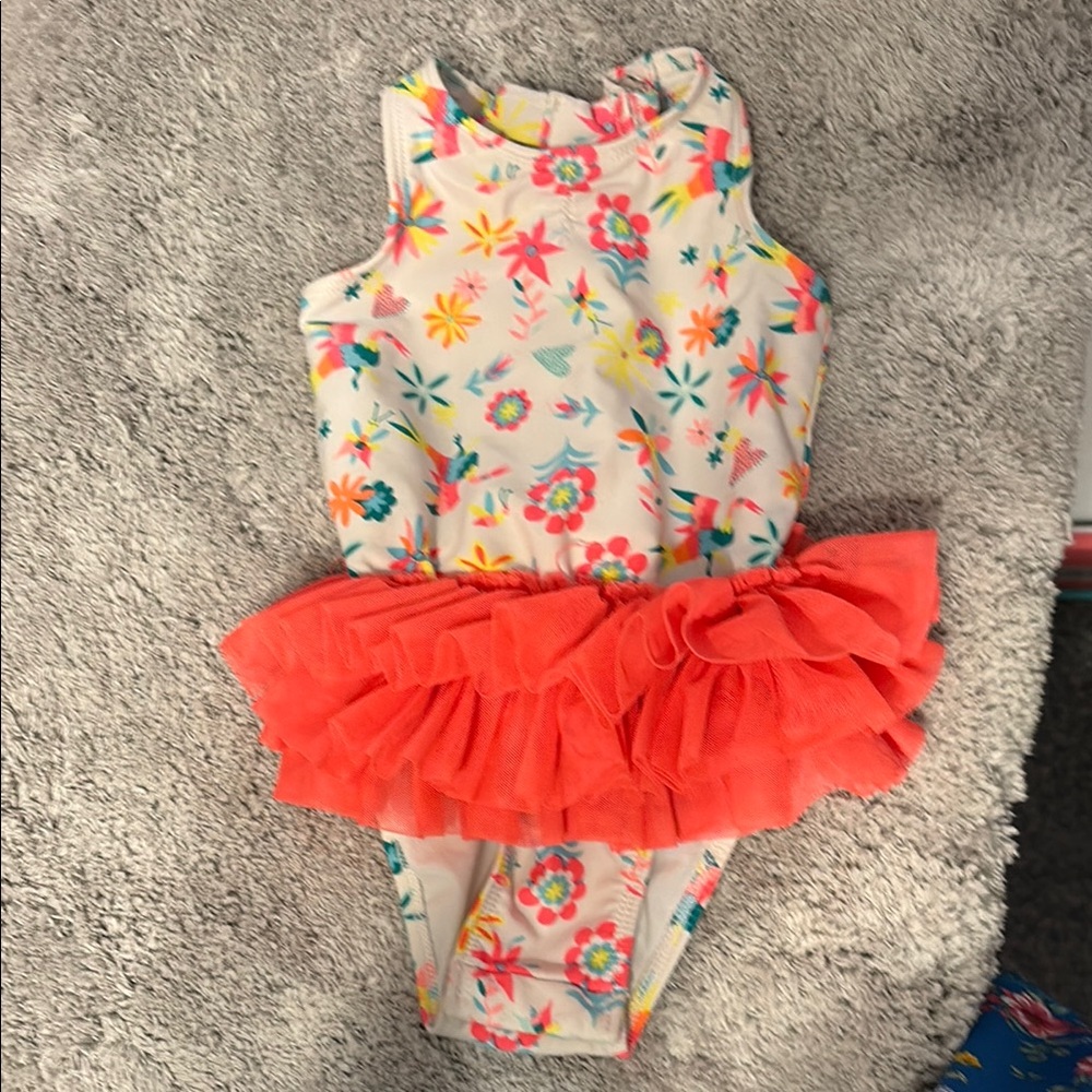 Cat & Jack Floral Kids Swim One Piece with Orange Tutu